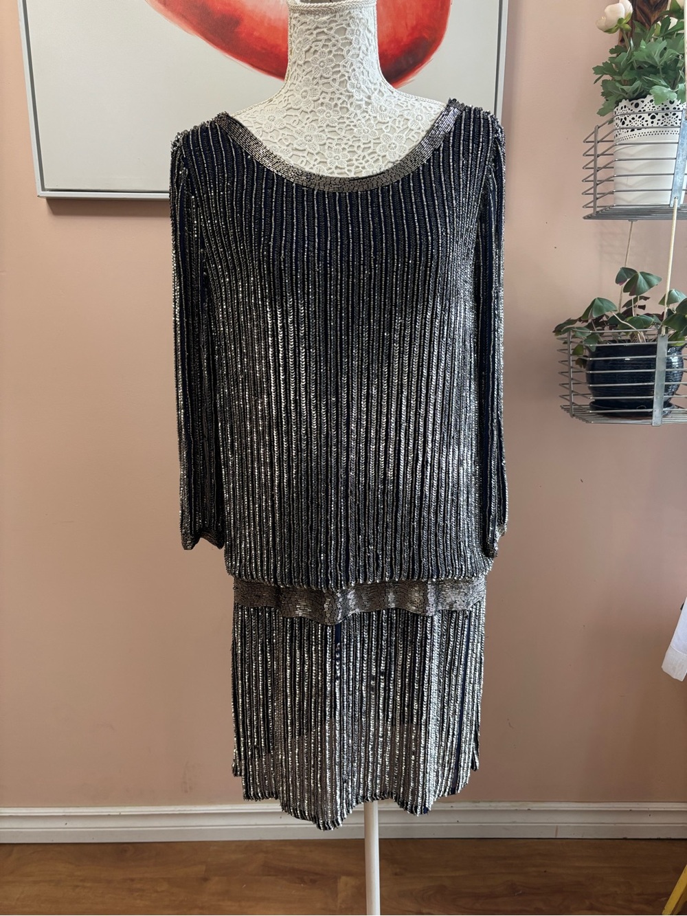 Vintage Gatsby Style Adrianna Papell Silver Metallic Long Sleeve Pleated Dress